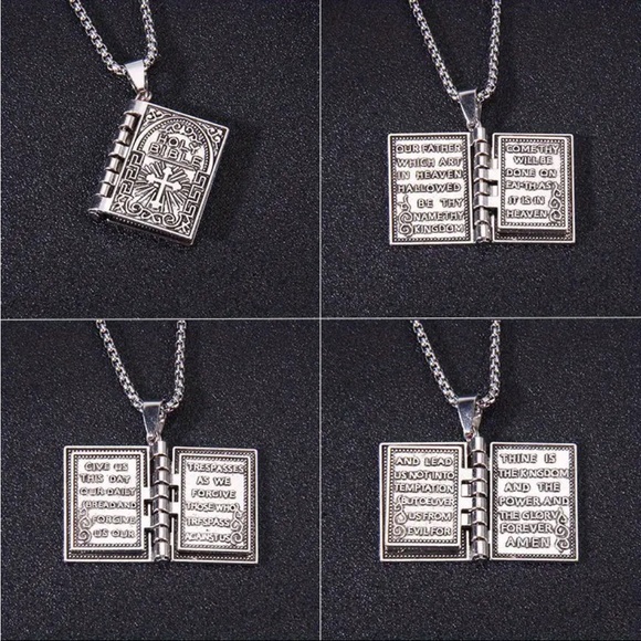 ‼️$7‼️ Polished Alloy Bible Book Design Pendant Necklace - “Our Father” Prayer - Picture 10 of 12